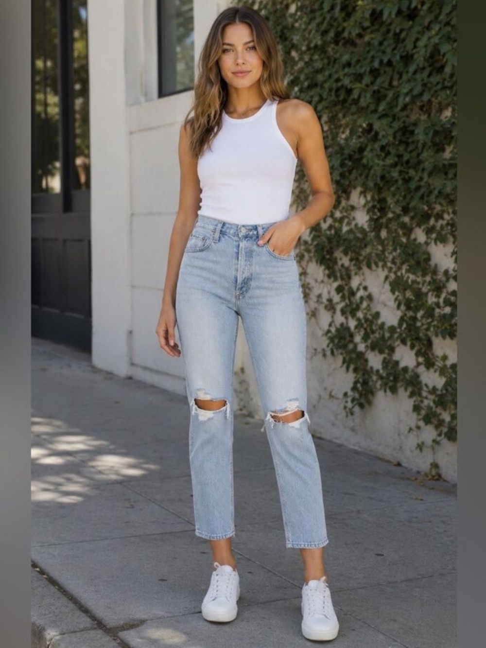 NWT AGOLDE Riley High Rise Straight Crop Jeans in Escalate Distressed Denim